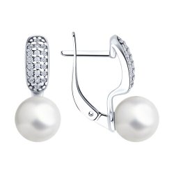 Серьги из серебра с синтетическим жемчугом и фианитами (Арт.94027001)
