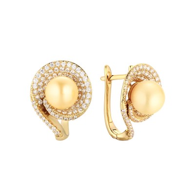 Серьги серебряные с жемчугом и фианитами «Golden Spiral» Fresh Jewelry (арт.PI-E00606-X-L-ST705-X-W)