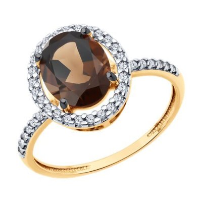 Кольцо из золочёного серебра с раухтопазом и фианитами (Арт.93-310-01999-4)