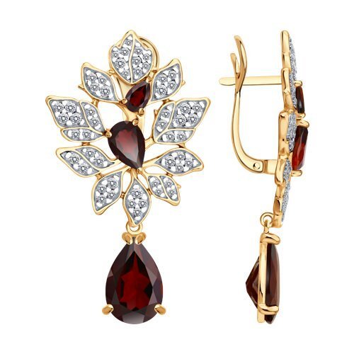 Серьги из золочёного серебра с гранатами и фианитами (Арт.93-320-00855-1)