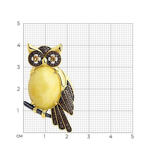 Брошь из золочёного серебра с янтарём и фианитами (Арт.83040022)