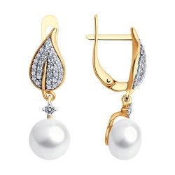 Серьги из золочёного серебра с жемчугом и фианитами (Арт.92025301)