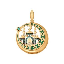 Подвеска мусульманская из золота с эмалью с зелеными фианитами (Арт.034836)
