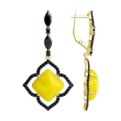 Серьги из золочёного серебра с фианитами и синтетическим янтарём «Солнечный Арт-деко» SOKOLOV (арт.83020094)