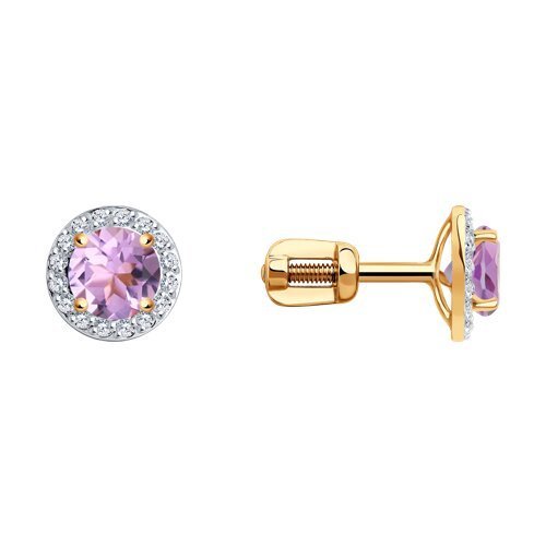 Серьги пусеты золотые пробы 585 с аметистом (Арт.728119)