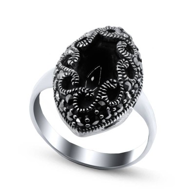 Кольцо серебряное с ониксом и марказитом «Крылья Ночи» Myjewels (арт.210546-39_oniks_markazit)
