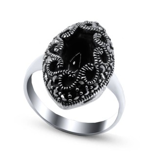 Кольцо серебряное с ониксом и марказитом «Крылья Ночи» Myjewels (арт.210546-39_oniks_markazit)