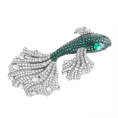 Брошь серебряная с ситаллом и фианитами «Изумрудная Рыбка» Fresh Jewelry (арт.AB-Br01117-X-WB-Gr-X-WG)