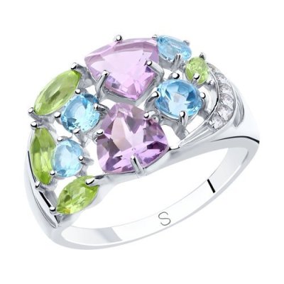Кольцо серебряное с аметистом, топазом, хризолитом и фианитами «Весенний калейдоскоп» SOKOLOV (арт.92011834)