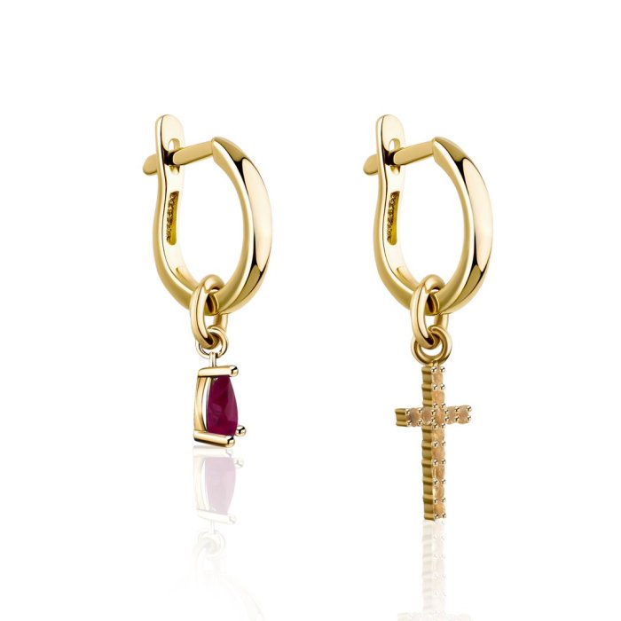 Серьги из золота с бриллиантом и рубином Русские Самоцветы (Арт.95669)