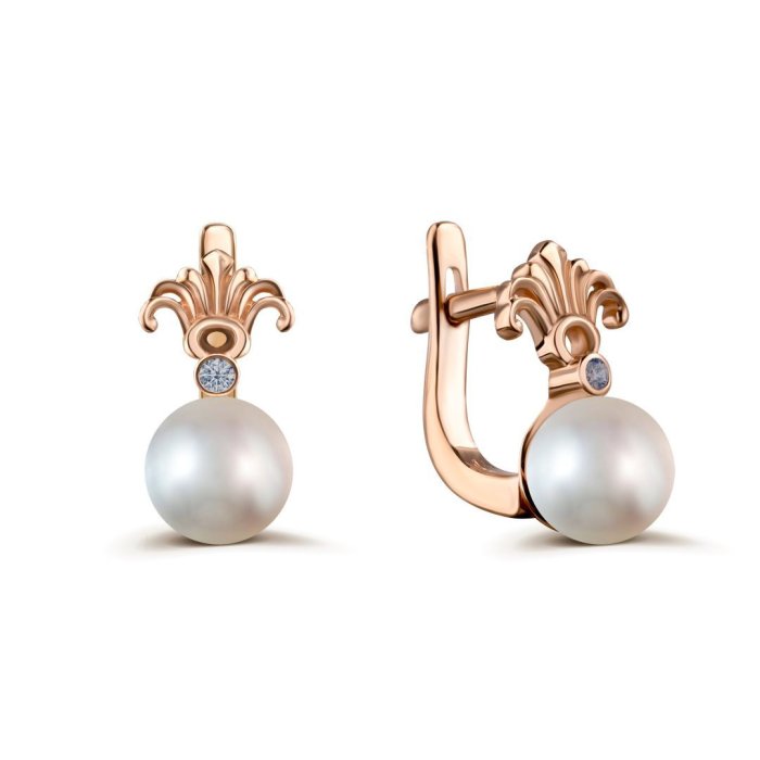 Серьги из золота с жемчугом и фианитом Русские Самоцветы (Арт.12510)