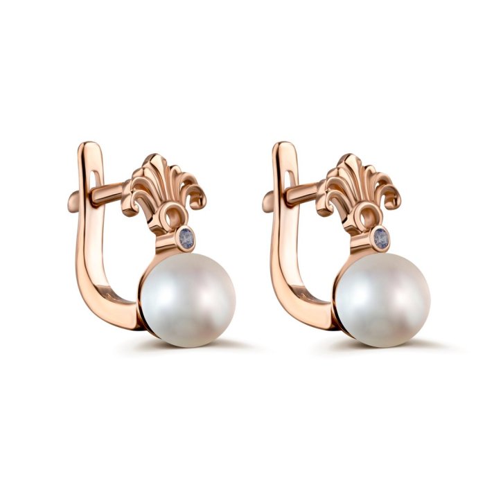 Серьги из золота с жемчугом и фианитом Русские Самоцветы (Арт.12510)