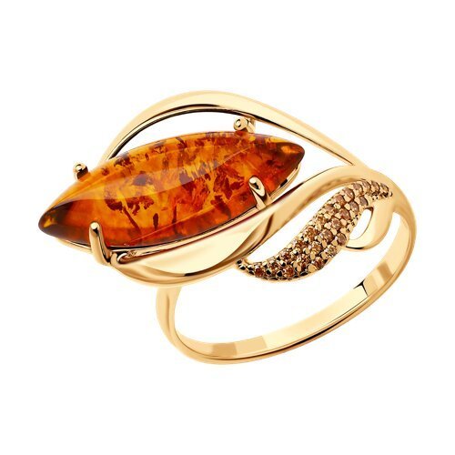 Кольцо из золочёного серебра с жёлтыми фианитами и янтарём (Арт.83010031)