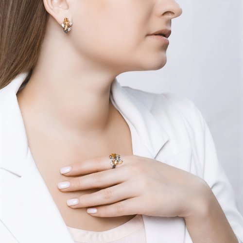 Кольцо из серебра с золотым покрытием с цитринами и фианитами «Солнечные птицы» Соколов (арт.92011502)