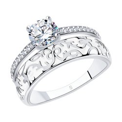 Серебряное кольцо с фианитами и белой эмалью (Арт.94011140)