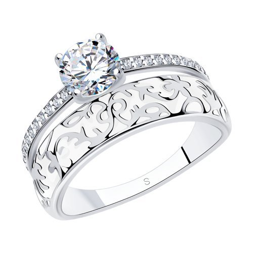 Серебряное кольцо с фианитами и белой эмалью (Арт.94011140)