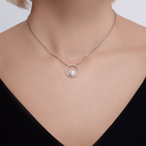 Колье из серебра с жемчугом и фианитами «Лунный Орбит» Соколов (арт.9407)