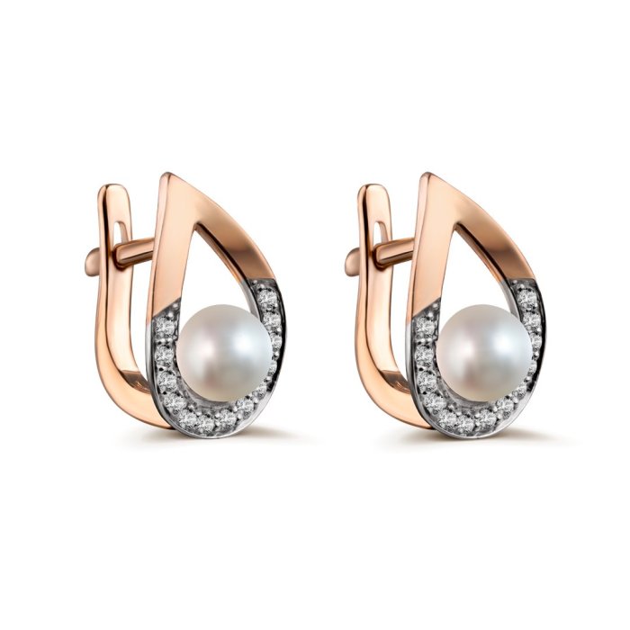 Серьги из золота с жемчугом и фианитом Русские Самоцветы (Арт.12515)