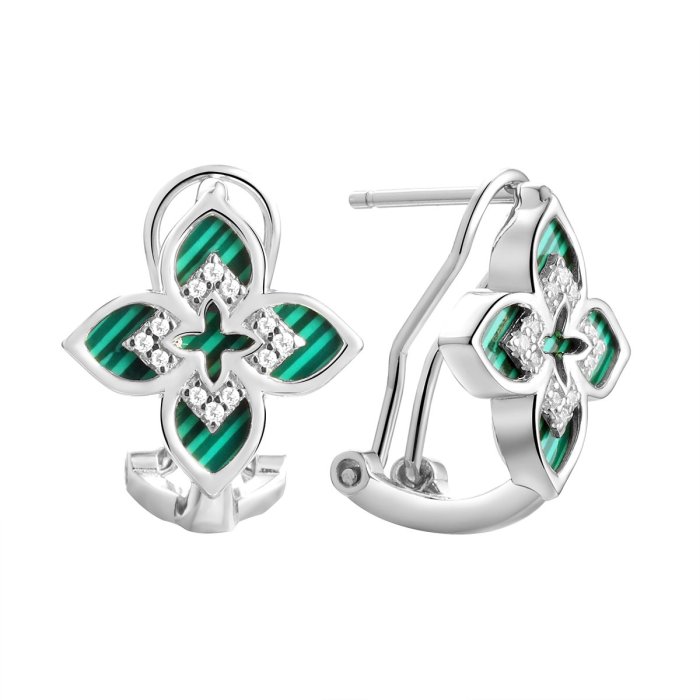 Серьги из серебра с малахитом и фианитом (Арт.cz-e04306-x-w-mal-x-w)