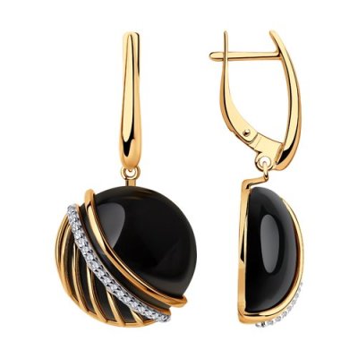 Серьги из золочёного серебра с агатом и фианитами «Ночная Орбита» Соколов (арт.8302)