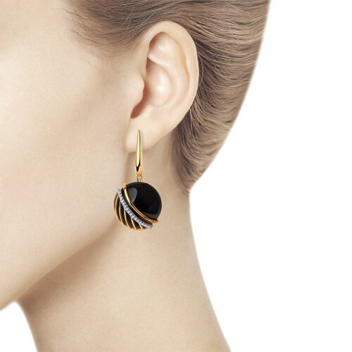 Серьги из золочёного серебра с агатом и фианитами «Ночная Орбита» Соколов (арт.8302)