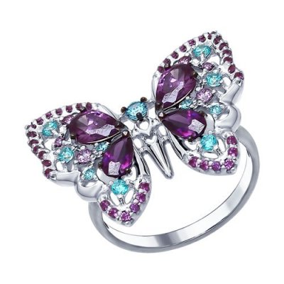 Кольцо из серебра с зелеными и сиреневыми фианитами (Арт.94012312)