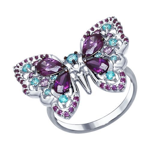 Кольцо из серебра с зелеными и сиреневыми фианитами (Арт.94012312)