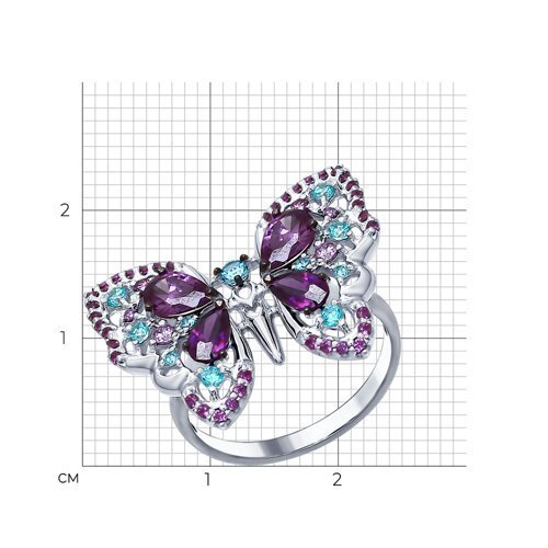 Кольцо из серебра с зелеными и сиреневыми фианитами (Арт.94012312)