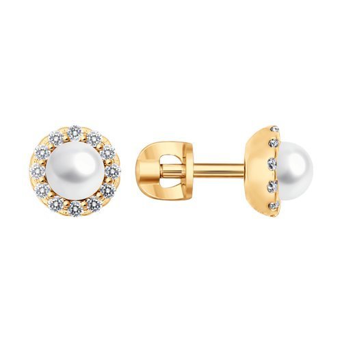 Серьги из золочёного серебра с жемчугом и фианитами (Арт.92022492)