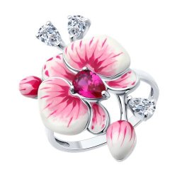 Кольцо из серебра с корундом, фианитами и эмалью (Арт.94014144)