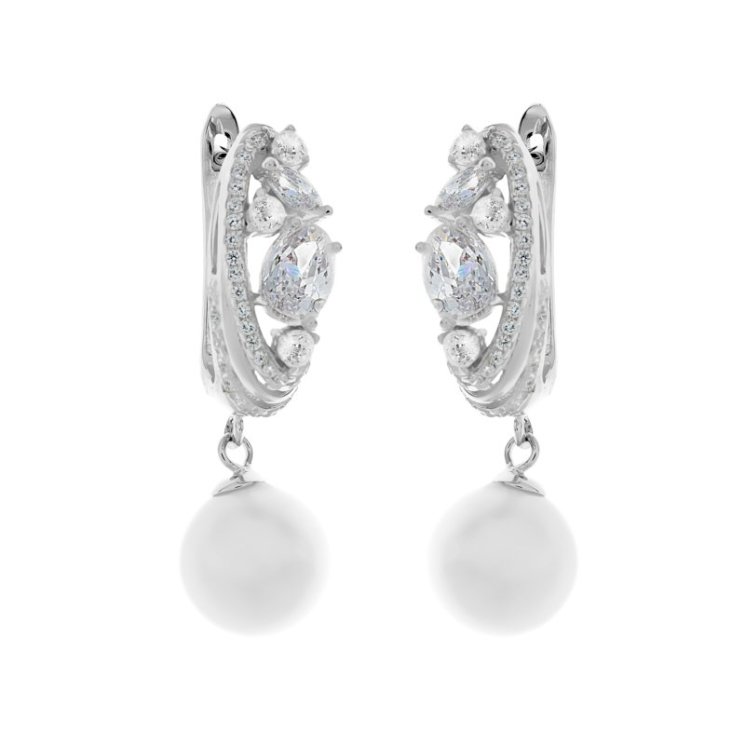 Серьги из серебра с жемчугом и куб. цирконием (Арт.pi-e01393-x-w-ps-x-w)