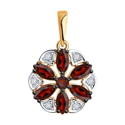 Подвеска золотая с гранатом и фианитами «Алый Цветок» Соколов (арт.51-330-02343-4)