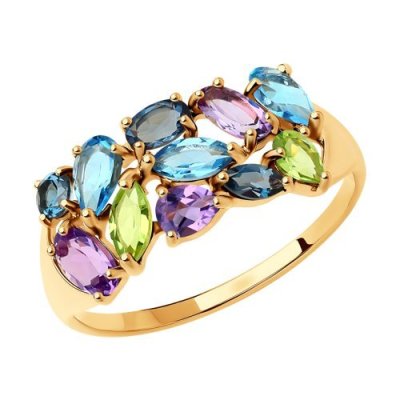 Кольцо золотое с аметистом, топазом и хризолитом «Радужный мираж» Соколов (арт.714682)