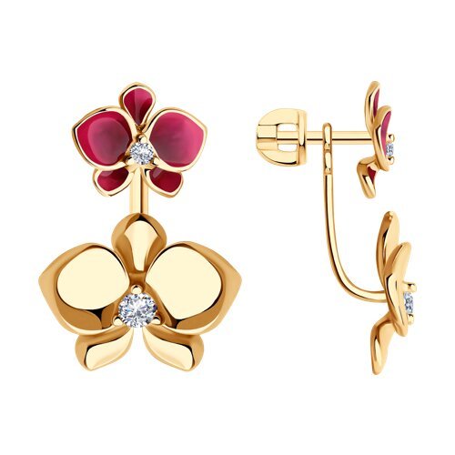 Серьги из золоченого серебра с фианитами и эмалью «Цветочный каприз» Соколов (арт.93-122-01974-1)