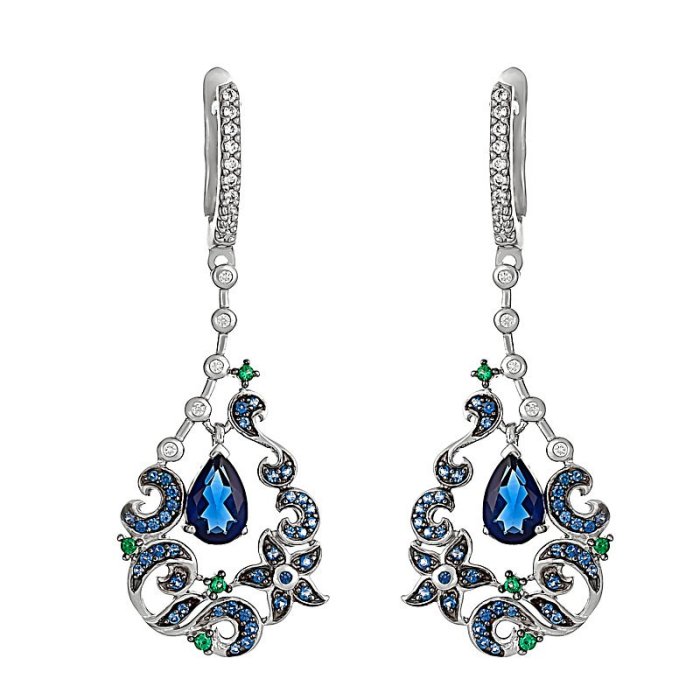 Серьги из серебра с иолитом и куб. цирконием (Арт.as-e01120-x-w-sap-bl-w)