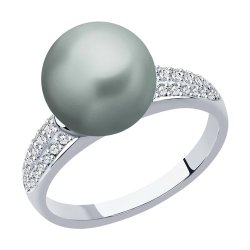 Кольцо из белого золота с бриллиантами и жемчугом (Арт.8010080-3)