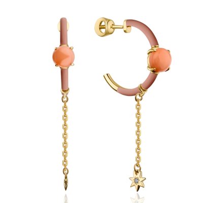 Серьги из золота с бриллиантом и кораллом Русские Самоцветы (Арт.88853_k)