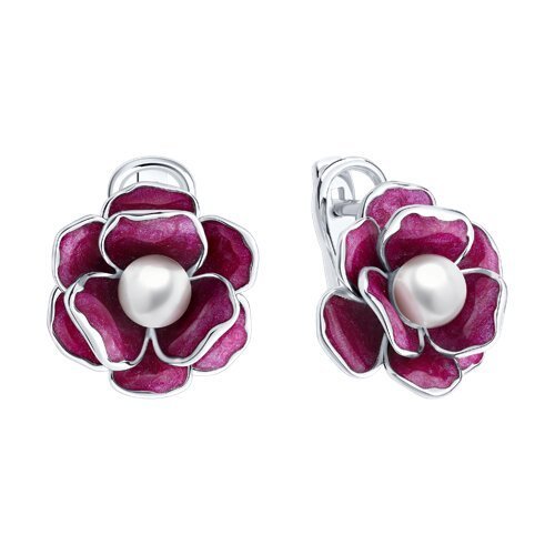 Серьги из серебра с синтетическим жемчугом и эмалью (Арт.94027279)
