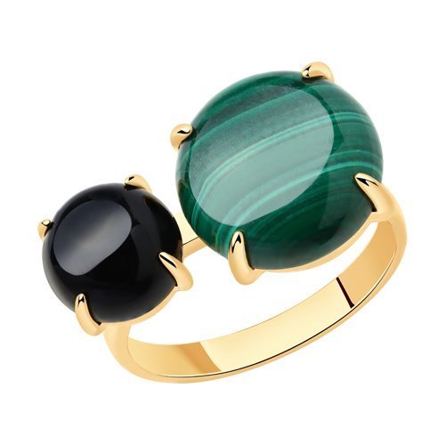 Кольцо из золочёного серебра с агатом и малахитом (Арт.83010064)