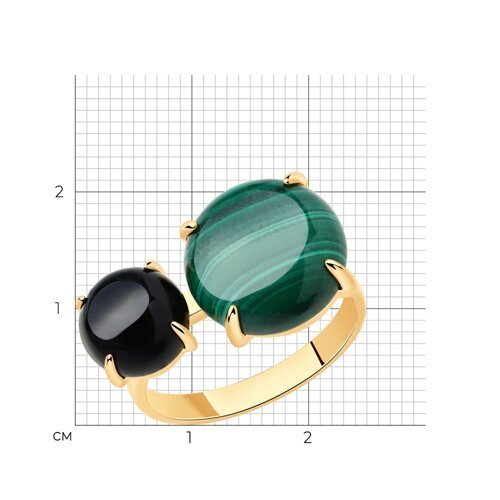 Кольцо из золочёного серебра с агатом и малахитом (Арт.83010064)