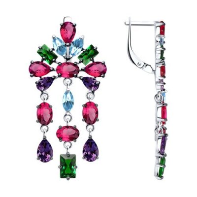 Серьги серебряные с корундами и фианитами «Карнавал цвета» Соколов (арт.94026621)
