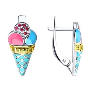 Серьги из серебра 925 с корундом, фианитами и эмалью «Ванильное Мороженое» Соколов (арт.9402)