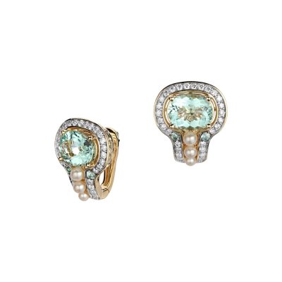 Серьги из золота с аквамарином, бриллиантами, сапфиром и турмалином «Симфония аквамарина» Estet (арт.01С6311865-2)