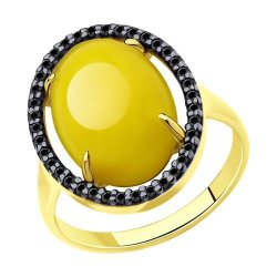 Кольцо из золочёного серебра с фианитами и янтарём (Арт.83010068)
