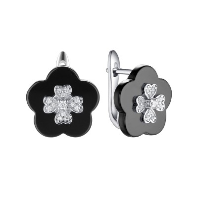 Серьги серебряные с керамикой и фианитами «Black Clover» Fresh Jewelry (арт.TC-E00186-B-W-X-X-W)