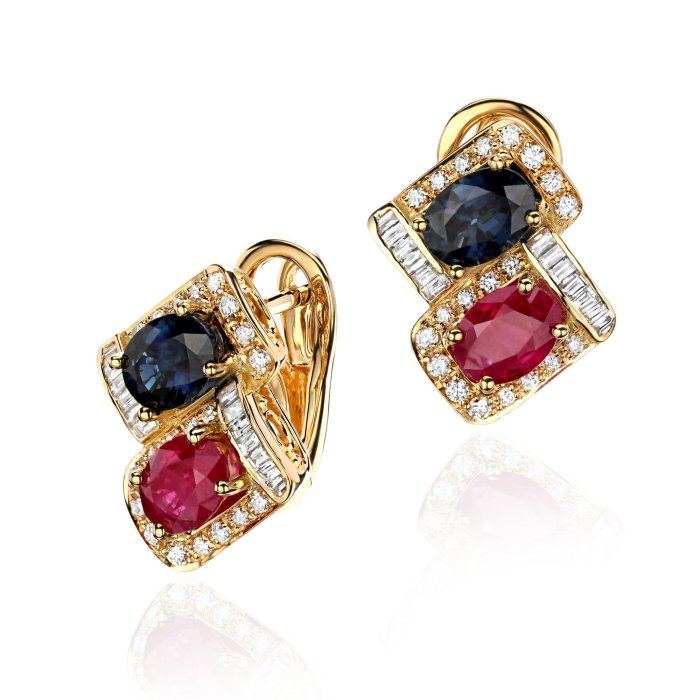Золотые серьги с бриллиантами, рубинами и сапфирами «Цветочный дуэт Garden» (арт. 01С6413995-2)