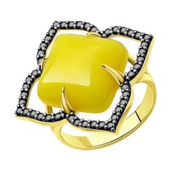 Кольцо из золочёного серебра с фианитами и янтарём (Арт.83010071)
