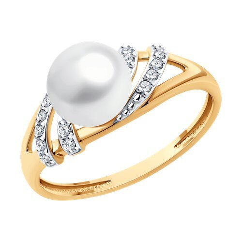 Кольцо золотое с жемчугом и фианитами «Морская Орбита» Соколов (арт.51-310-02320-1)