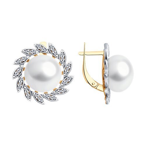 Серьги из золочёного серебра с жемчугом и фианитами «Лунный венок» Соколов (арт.93-320-01951-1)