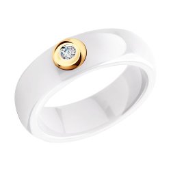 Белое керамическое кольцо с золотом и бриллиантом (Арт.6015028)